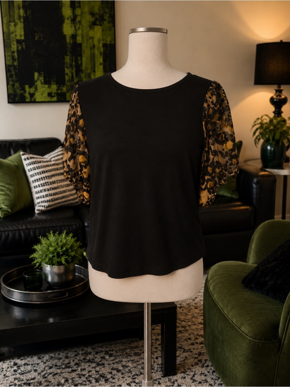 DKNY Black Top with Leopard-Print Puff Sleeves